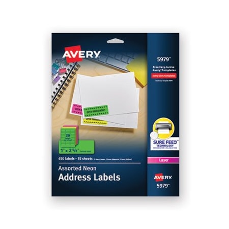 Avery, HIGH-VISIBILITY PERMANENT LASER ID LABELS, 1 X 2 5/8, ASST. NEON, 450PK